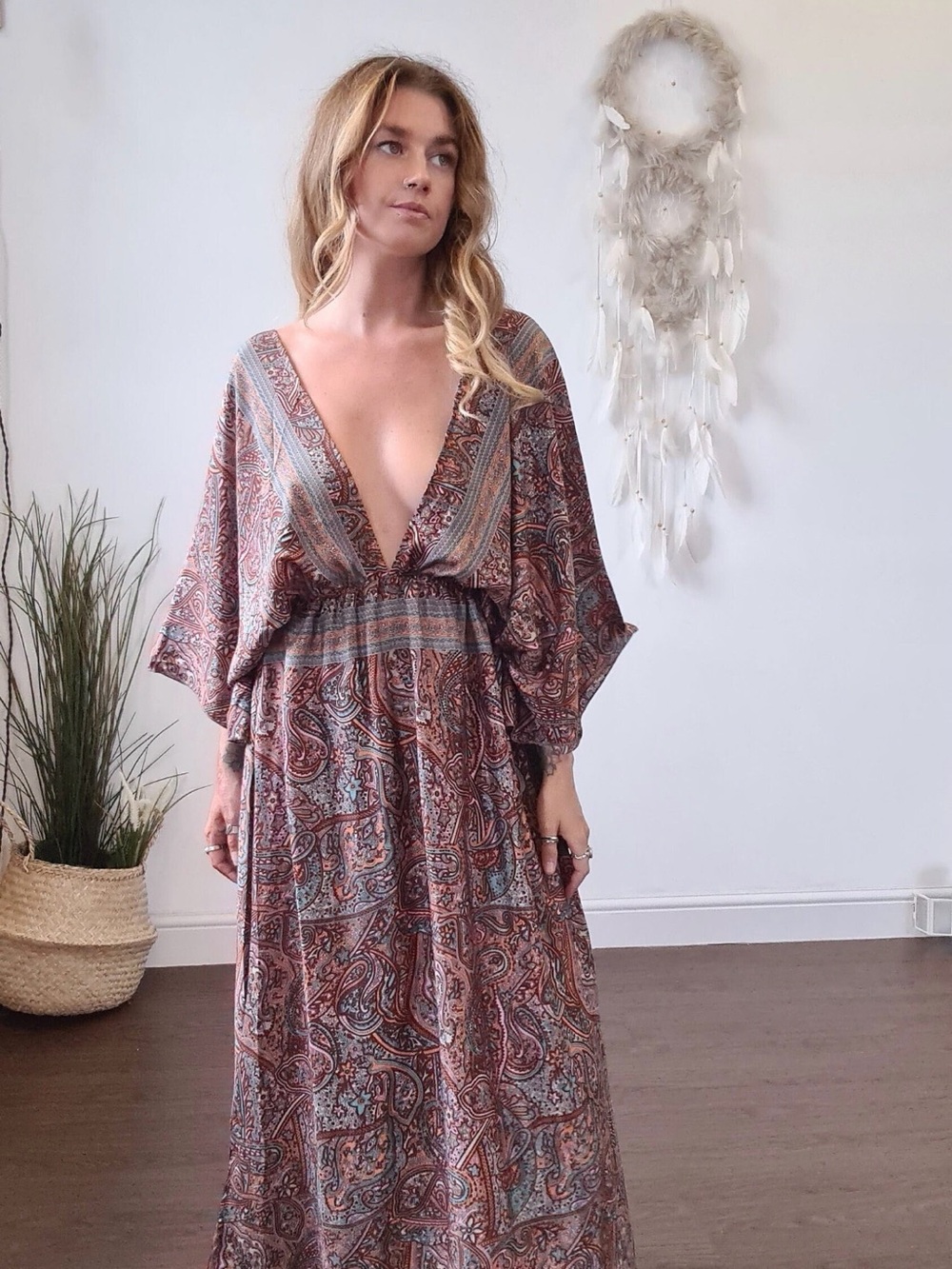Ruby Sparrow Grecian Goddess Silk Blend Boho Maxi Dress, One Size